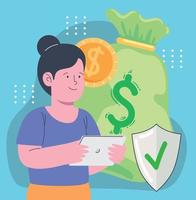 business woman with money and shield vector