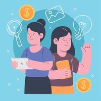 pareja de mujeres de negocios con monedas vector