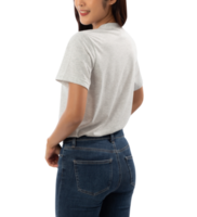 jovem mulher com recorte de maquete de camiseta cinza, arquivo png
