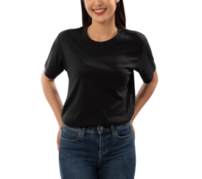 Young woman in black T shirt mockup cutout, Png file