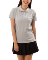 Young woman in grey polo shirt mockup cutout, Png file