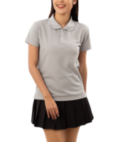 Young woman in grey polo shirt mockup cutout, Png file