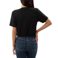 jeune femme en découpe de maquette de t-shirt noir, fichier png