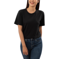 Young woman in black T shirt mockup cutout, Png file