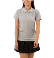 Young woman in grey polo shirt mockup cutout, Png file