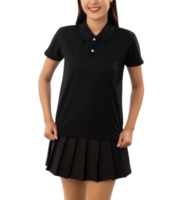 jovem mulher com recorte de maquete de camisa polo preta, arquivo png