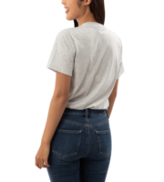 mujer joven en camiseta gris maqueta recortada, archivo png