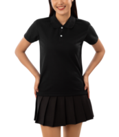 jong vrouw in zwart polo overhemd mockup uitknippen, PNG het dossier