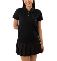 Young woman in black polo shirt mockup cutout, Png file