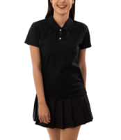jovem mulher com recorte de maquete de camisa polo preta, arquivo png