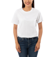 mujer joven en maqueta de camiseta blanca recortada, archivo png