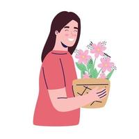 mujer joven con flores en carácter de decoración de plantas de interior vector