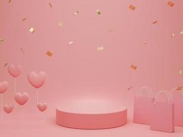 Valentine's Day podium or product stand with hearts, shopping bag and gold glitter on pastel pink background with copy space. 3d rendering. photo