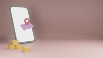 Online delivery service app concept, Delivery van and mobile phone with map. 3D rendering photo