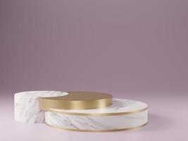 3d rendered studio mock up for product presentation, with marble and gold podium circle shapes on the floor. purple colors. photo