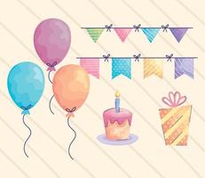 balloons helium and acuarela birthday set icons vector