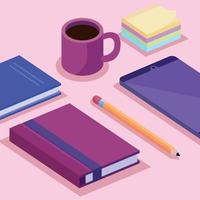 tablet with books and coffee cup isometric workspace set icons vector