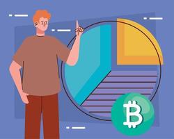 hombre con bitcoin y estadísticas vector