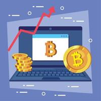 bitcoins en laptop con flecha vector