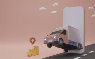 Online delivery service app concept, Delivery van and mobile phone with pin on house. 3D rendering photo