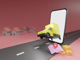 Online delivery service app concept, Delivery van and mobile phone with map. 3D rendering photo