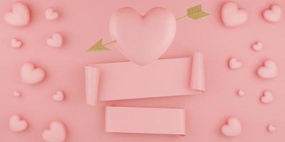 concepto del día de san valentín, globos de corazones rosas con flecha dorada y pancarta sobre fondo rosa. representación 3d foto