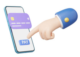 3D Hand press pay button icon. Phone with credit card float on transparent. Mobile banking, Online payment service. Withdraw money, Easy shop, Cashless society concept. Cartoon minimal 3d render. png