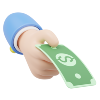 Payment icon for shopping online. 3D Hand holding banknote. Cartoon businessman wearing suit holds money floating isolated on transparent. Withdraw money, Easy shopping concept. 3d minimal render. png