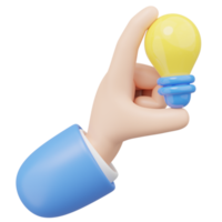 3D hand holding yellow lightbulb on transparent. Business creative idea, Great ideas competition, brainstorm thinking in work, Success education concept. Cartoon icon style. 3d render illustration png