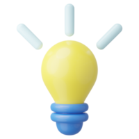 icono de bombilla de luz amarilla 3d. lámpara con halo brillante aislado en transparente. idea creativa, solución empresarial, pensamiento estratégico, nuevo invento o concepto de innovación. icono de dibujos animados mínimo. renderizado 3d png