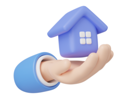 3D Toy House in hand floating isolated on transparent. Hand holding home icon. Investment, real estate, mortgage, offer purchase, loan concept. Mockup Cartoon minimal icon. 3d rendering png