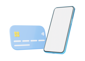 3d Smartphone and credit card floating on transparent. Saving wealth, Mobile banking, Online payment service. Phone with blank white screen for money transfer app. Cartoon business minimal render. png