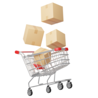 Brown box fell into shopping cart floating isolated on transparent. 3d Shop trolley realistic. Marketing online, E commerce, store app concept. Business cartoon style concept. 3d icon rendering. png