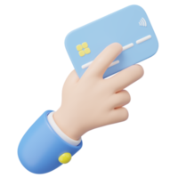 3D-Hand, die eine Kreditkarte hält und isoliert auf transparent schwimmt. Online-Shop Kreditkarten oder Debitkarten akzeptieren. geld abheben, einfaches einkaufen, bargeldloses gesellschaftskonzept. karikatur minimales 3d-rendering png