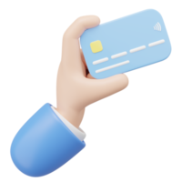 3D Hand holding Credit card and floating isolated on transparent. Online store credit card or debit cards accept. Withdraw money, Easy shopping, Cashless society concept. Cartoon minimal 3d render png