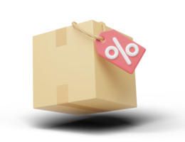Fast delivery special offer icon. Brown box with percent discount tag floating on transparent. Digital marketing online, E commerce, shipping app concept. Business cartoon style concept. 3d render png
