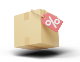 Sonderangebot-Symbol für schnelle Lieferung. braune Box mit prozentualem Rabattschild, das auf transparent schwimmt. digitales Marketing online, E-Commerce, Versand-App-Konzept. Business-Cartoon-Stil-Konzept. 3D-Rendering png