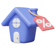 ícone de venda de casa 3D. linda casa azul com etiqueta de desconto percentual isolada em transparente. investimento empresarial, imobiliário, hipoteca, conceito de empréstimo. estilo minimalista do ícone dos desenhos animados. ilustração de renderização 3D. png