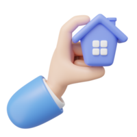 Cute House icon in hand floating isolated on transparent. 3D Hand hold home. Investment, real estate, mortgage, offer of purchase house, loan concept. Mockup Cartoon minimal icon. 3d rendering. png