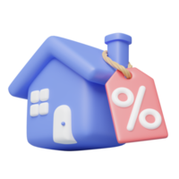 3d house sale icon. Cute blue home with percent discount tag floating on transparent. Business investment, real estate, mortgage, loan concept. Cartoon icon minimal style. 3d render illustration. png