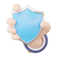 3d Data security protection icon. Businessman hand holding shield floating on transparent. Protect business data network security computer concept. Cartoon minimal style. 3d render illustration. png