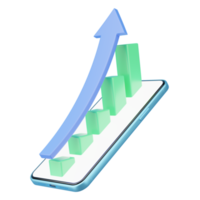 croissance du graphique d'entreprise verte avec une flèche supérieure sur l'écran du smartphone sur transparent. commerce d'investissement financier. augmentation des indicateurs positifs du graphique. dépôt bancaire dans les services bancaires mobiles. rendu 3d. png