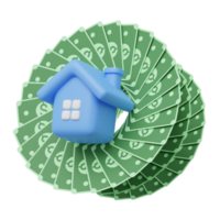 3d blue house out of banknote. Home model icon with windows, cash dollar floating on transparent. Financial investment growth concept. Mockup cartoon icon minimal style. 3d render illustration png