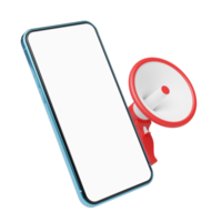 téléphone 3d avec mégaphone rouge flottant sur transparent. paiement bancaire mobile, marché en ligne, commerce électronique, concept de promotion des ventes. téléphone avec écran blanc vierge. dessin animé d'affaires minimal. rendu 3D. png