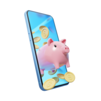 moeda, cofrinho voou para fora do telefone em transparente. mobile banking e serviço de pagamento online. economizando dinheiro riqueza e conceito financeiro de negócios. transferência de dinheiro para smartphone online. renderização 3D. png