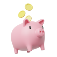 Gold coin spread into pink piggy bank float on transparent. Mobile banking and Online payment service. Save dollar in money box. Saving money wealth. Business cartoon style concept. 3d icon render png