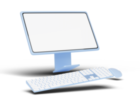 monitor de computadora con mouse inalámbrico, teclado flotante en transparente. marketing en medios sociales en línea, comercio electrónico, tienda digital de sitios web, concepto de aplicación de tienda. pantalla blanca en blanco de escritorio. procesamiento 3d png