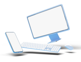 Computer monitor with wireless mouse, keyboard, phone float on transparent. Social media marketing online, e commerce, digital store, shop app concept. Desktop blank white screen. 3d render. png