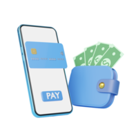 téléphone avec carte de crédit, portefeuille, banque flottant sur transparent. banque mobile et service de paiement en ligne. économiser de l'argent, concept financier d'entreprise. transfert de smartphone en ligne. rendu 3D. png