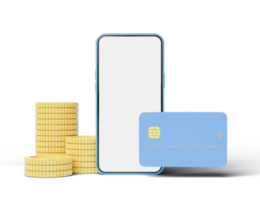 téléphone avec carte de crédit, pièce flottant sur transparent. banque mobile et service de paiement en ligne. économiser de l'argent et du concept financier d'entreprise. transfert d'argent par smartphone en ligne. rendu 3D. png